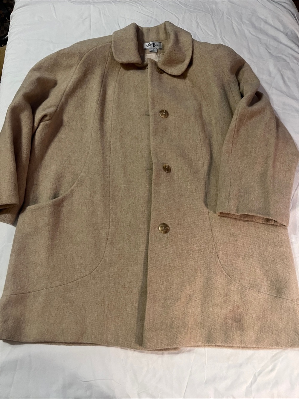 Kay Boys Womens Vintage Tan Wool-Blend Single-Breasted Pea Coat size 16 W